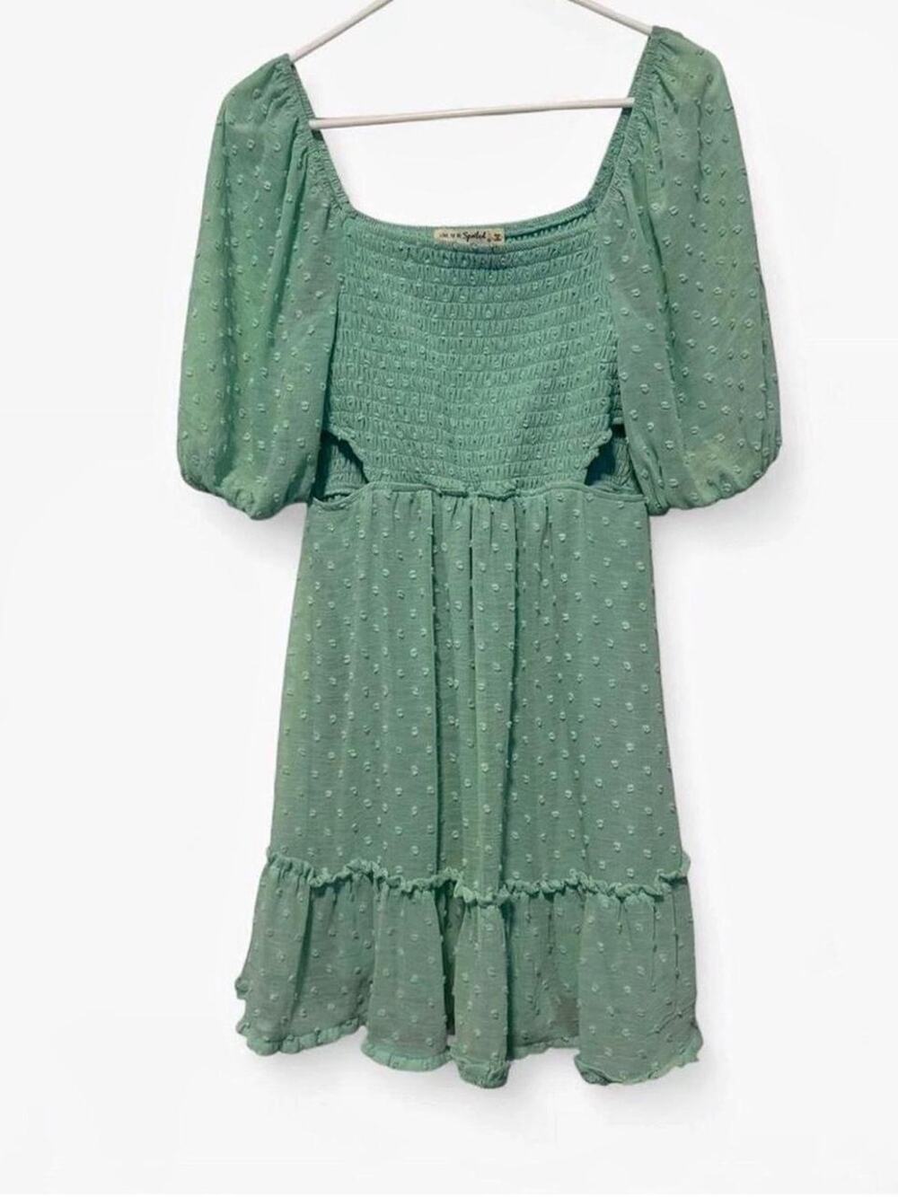 Live to Be Spoiled Sage Green Smocked Cutout Mini Dress M